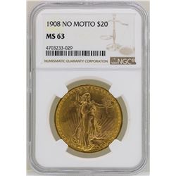1908 $20 No Motto St. Gaudens Double Eagle Gold Coin NGC MS63