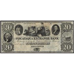 1800's $20 Piscataqua Bank Portsmouth, New Hampshire Obsolete Note