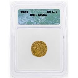 1909 $2 1/2 Indian Head Quarter Eagle Gold Coin ICG MS64