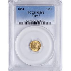 1854 Type 1 $1 Liberty Head Gold Dollar Coin PCGS MS62