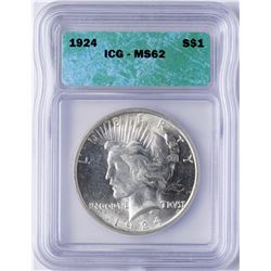 1924 $1 Peace Silver Dollar Coin ICG MS62