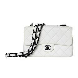 Chanel White Single Flap Bag with Black Hardware