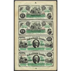 Uncut Sheet of $20/$20/$50/$50 State of South Carolina Obsolete Notes