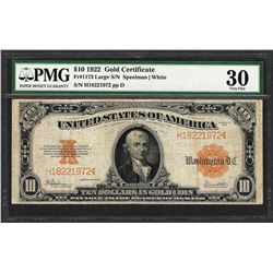 1922 $10 Gold Certificate Note Fr.1173 Large S/N PMG Very Fine 30