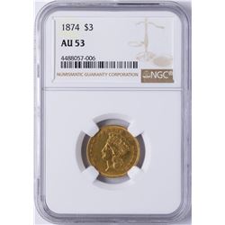 1874 $3 Indian Princess Head Gold Coin NGC AU53