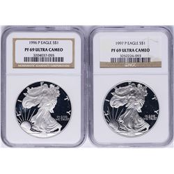 Lot of 1996-P & 1997-P $1 American Silver Eagle Proof Coins NGC PF69 Ultra Cameo