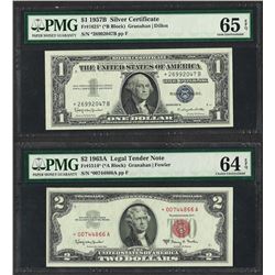 1957B $1 Silver Certificate PMG 65EPQ & 1963A $2 Legal Tender PMG 64EPQ Star Not