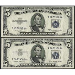 Lot of (2) Consecutive 1953B $5 Silver Certificate Notes Gem Uncirculated