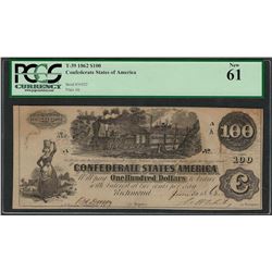 1862 $100 Confederate States of America Note T-39 PCGS New 61