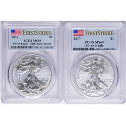 Lot of 2016-2017 $1 American Silver Eagle Coins PCGS MS69 First Strikes