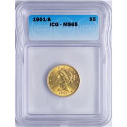 1901-S $5 Liberty Head Half Eagle Gold Coin ICG MS65