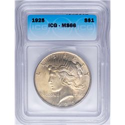 1925 $1 Peace Silver Dollar Coin ICG MS66