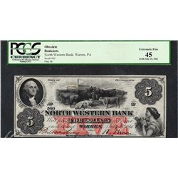 1800's $5 North Western Bank Obsolete Note PCGS Extremely Fine 45