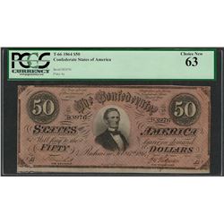 1864 $50 Confederate States of America Note T-66 PCGS Choice New 63
