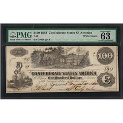 1862 $100 Confederate States of America Note T-39 PMG Choice Uncirculated 63EPQ