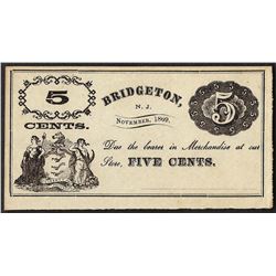 1869 Five Cents Bridgeton, NJ Obsolete Note
