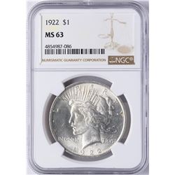 1922 $1 Peace Silver Dollar Coin NGC MS63