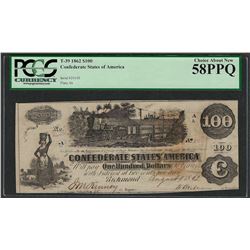 1862 $100 Confederate States of America Note T-39 PCGS About New 58PPQ