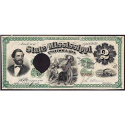 1870 $2 State of Mississippi Obsolete Note Cut Canceled