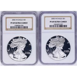 Lot of 2002-W & 2003-W $1 American Silver Eagle Proof Coins NGC PF69 Ultra Cameo