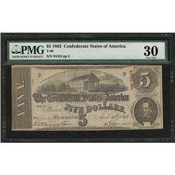 1863 $5 Confederate States of America Note T-60 PMG Very Fine 30