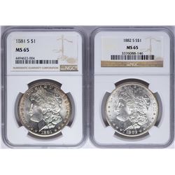 Lot of 1881-S & 1882-S $1 Morgan Silver Dollar Coins NGC MS65