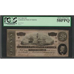 1864 $20 Confederate States of America Note T-67 PCGS Choice About New 58PPQ