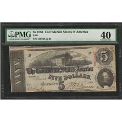 1863 $5 Confederate States of America Note T-60 PMG Extremely Fine 40