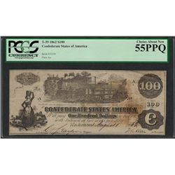 1862 $100 Confederate States of America Note T-39 PCGS About New 55PPQ
