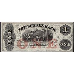 1800's $1 Sussex Bank New Jersey Obsolete Note