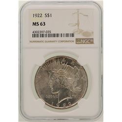 1922 $1 Peace Silver Dollar Coin NGC MS63