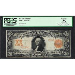 1906 $20 Gold Certificate Note Fr.1185 PCGS Very Fine 25 Apparent