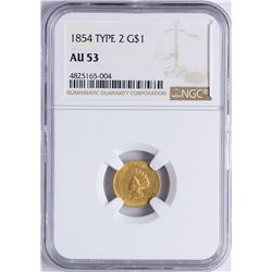 1854 Type 2 $1 Princess Head Gold Dollar Coin NGC AU53