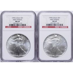 Lot of (2) 1994 $1 American Silver Eagle Coins NGC MS69 First Strikes Chipped Sl