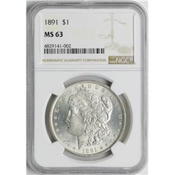 1891 $1 Morgan Silver Dollar Coin NGC MS63