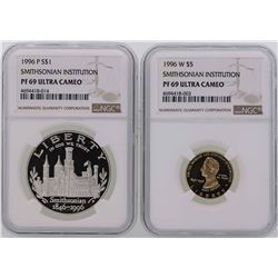1996-P $1 Silver Coin & 1996-W $5 Gold Coin Smithsonian Institution NGC PF69 Ult