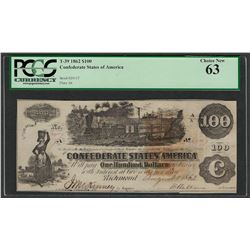 1862 $100 Confederate States of America Note T-39 PCGS New 63