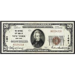 1929 $20 National City Bank of New York, NY CH# 1461 National Currency Note