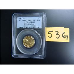 Gold $5 U.S. Commemorative, Actual Gold Weight .242 oz: 1987-W Constitution, PCGS graded MS69