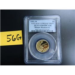 Gold U.S. $5 Commemorative, Actual Gold Weight .242 oz: 1991-W Mount Rushmore, PCGS graded PR69DCAM