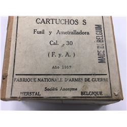 Eight (8) .30Cal Rifle Cartridges made in 1957 by Fabrique Nationale D'Armes De Guerre