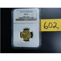 Gold U.S. $5 Commemorative, Actual Gold Weight .242 oz: 1987 W Constitution, NGC MS70