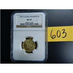 Gold U.S. $5 Commemorative, Actual Gold Weight .242 oz: 1993 W James Madison, NGC MS70