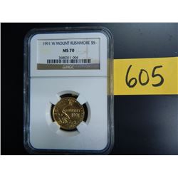 Gold U.S. $5 Commemorative, Actual Gold Weight .242 oz: 1991 W Mount Rushmore, NGC MS70