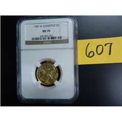 Gold U.S. $5 Commemorative, Actual Gold Weight .242 oz: 1987 W Constitution, NGC MS70