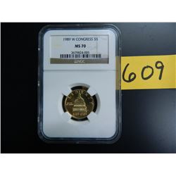 Gold U.S. $5 Commemorative, Actual Gold Weight .242 oz: 1989 W Congress, NGC MS70
