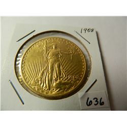 Gold 1908 $20 Saint-Gaudens Double Eagle, AGW=.9675 ounce, Austin, Texas Estate Gold Hoard