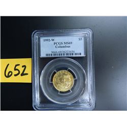 Gold U.S. $5 Commemorative, Actual Gold Weight .242 oz: 1992-W Columbus, PCGS graded MS69