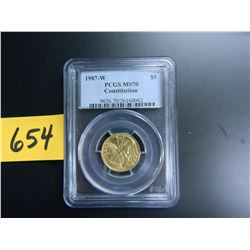 Gold U.S. $5 Commemorative, Actual Gold Weight .242 oz: 1987-W Constitution, PCGS graded MS70