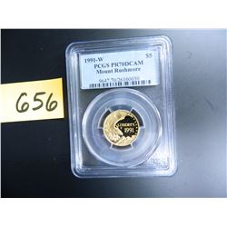 Gold U.S. $5 Commemorative, Actual Gold Weight .242 oz: 1991-W Mount Rushmore, PCGS graded PR70DCAM